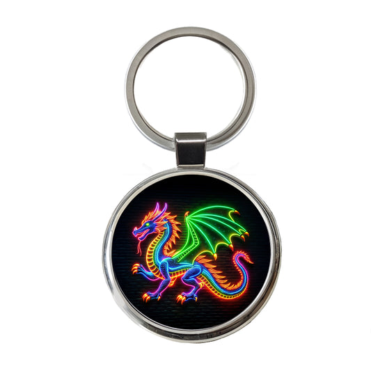 Neon European Dragon Round Metal Keychain