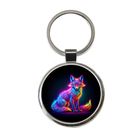 Neon Fox Round Metal Keychain