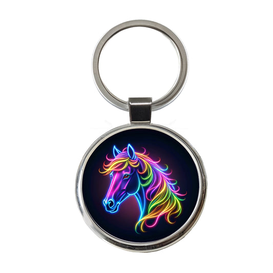 Neon Horse Head Round Metal Keychain