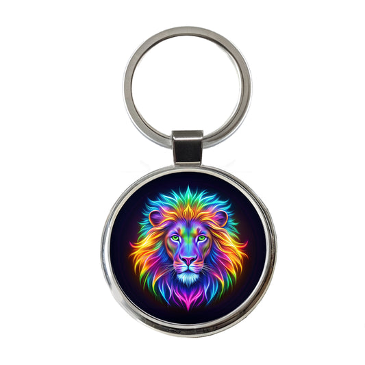 Neon Lion Round Metal Keychain