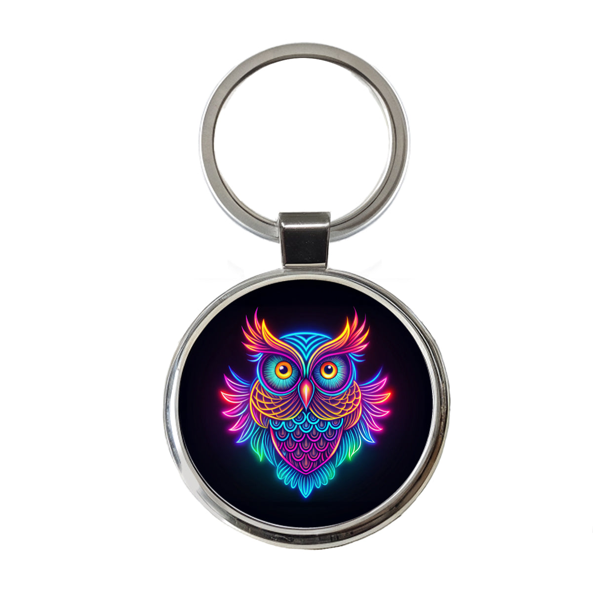 Neon Owl Round Metal Keychain