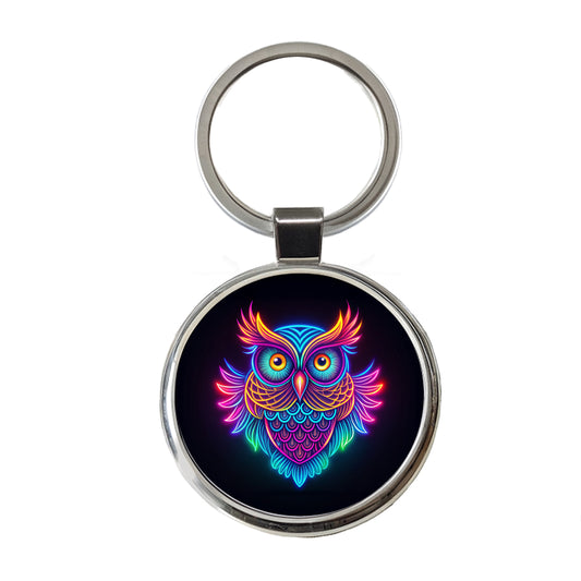 Neon Owl Round Metal Keychain