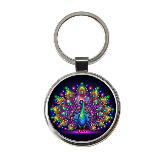 Neon Peacock Round Metal Keychain