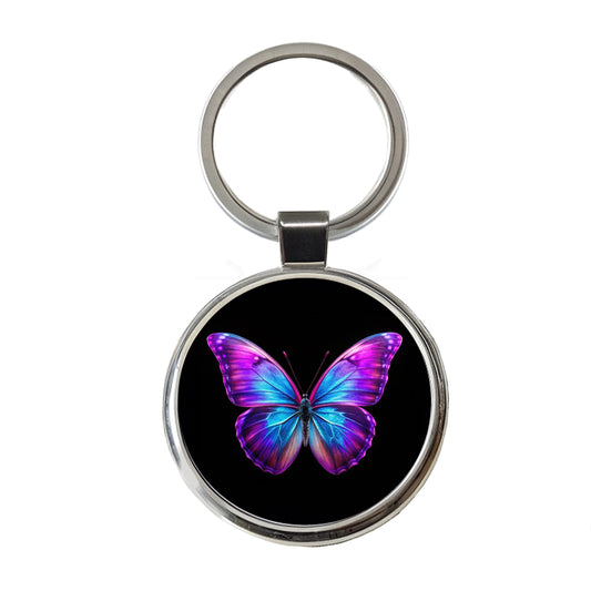 Neon Purple Blue Butterfly Round Metal Keychain