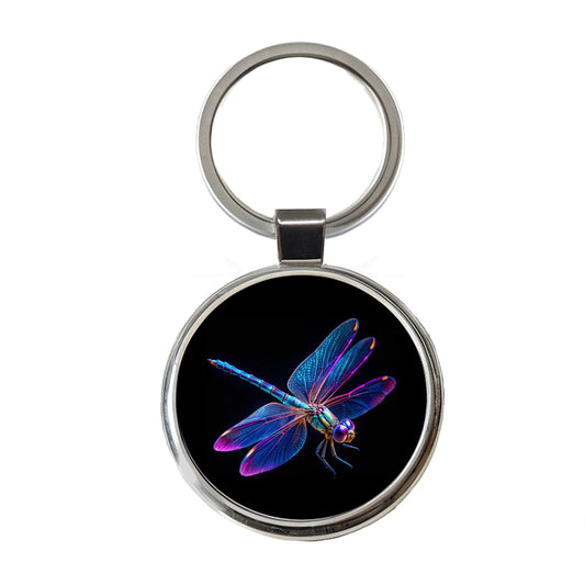 Neon Purple Blue Dragonfly Round Metal Keychain