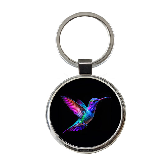 Neon Purple Blue Hummingbird Round Metal Keychain