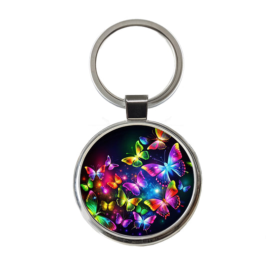Neon Rainbow Butterflies Round Metal Keychain