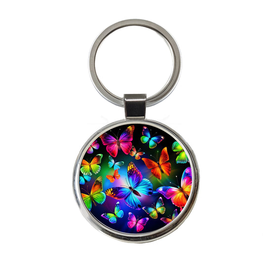 Neon Rainbow Colorful Butterflies Round Metal Keychain