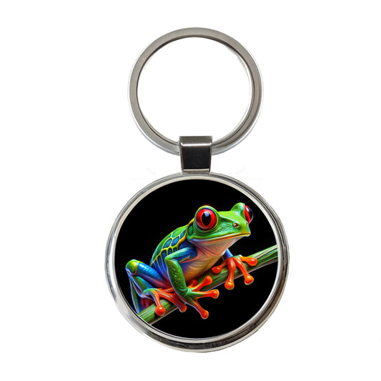 Neon Red-Eyed Tree Frog Round Metal Keychain