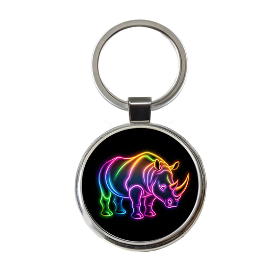 Neon Rhino Round Metal Keychain