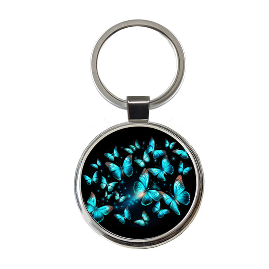 Neon Teal Blue Butterflies Round Metal Keychain