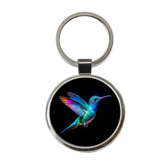 Neon Teal Blue Hummingbird Round Metal Keychain