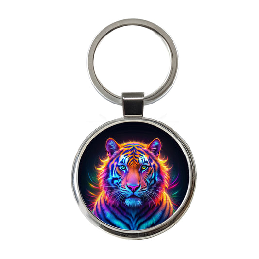 Neon Tiger Round Metal Keychain