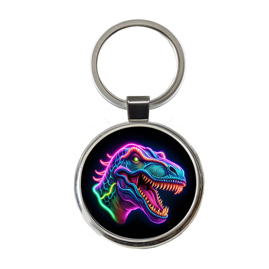 Neon T-Rex Dinosaur Head Round Metal Keychain