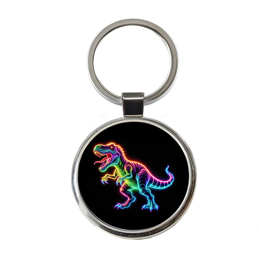 Neon T-Rex Dinosaur Round Metal Keychain