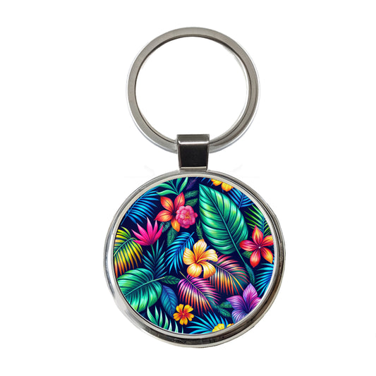 Neon Tropical Floral Pattern Round Metal Keychain