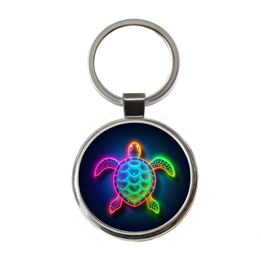 Neon Turtle Round Metal Keychain