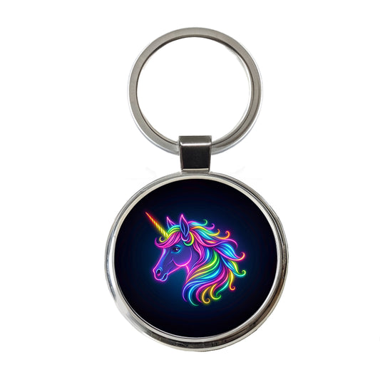 Neon Unicorn Head Fantasy Round Metal Keychain