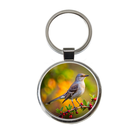 Northern Mockingbird Backyard Bird Round Metal Keychain