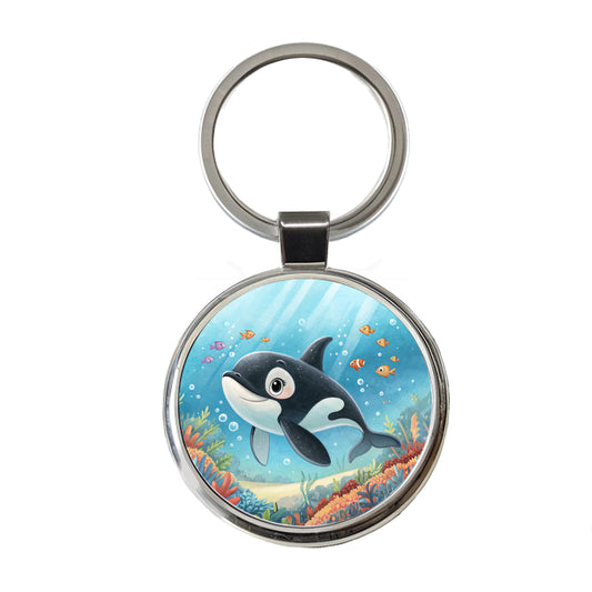 Orca Killer Whale Children's Illustration Style Round Metal Keychain