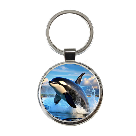 Orca Killer Whale Jumping Round Metal Keychain