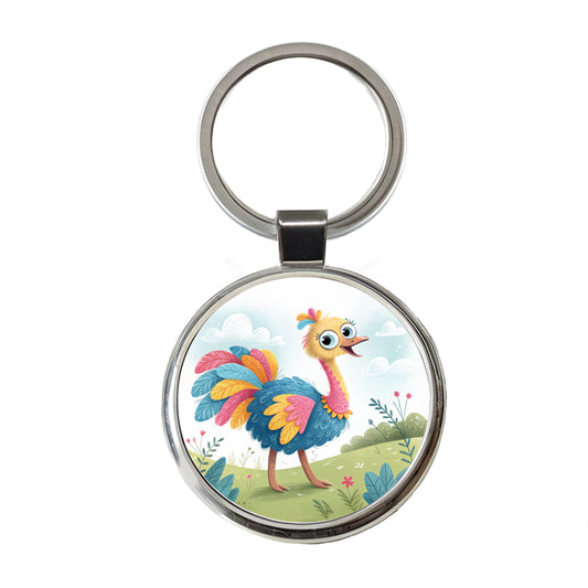 Ostrich Children's Illustration Style Round Metal Keychain