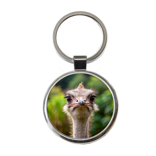 Ostrich Round Metal Keychain