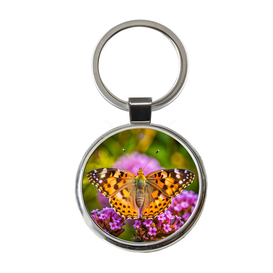 Painted Lady Butterfly Round Metal Keychain