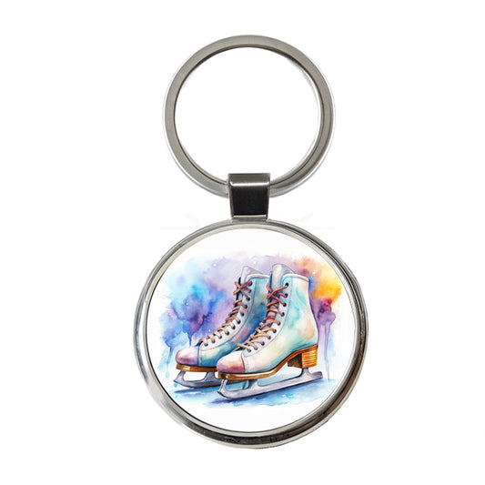 Pair Of Figure Skates Watercolor Round Metal Keychain