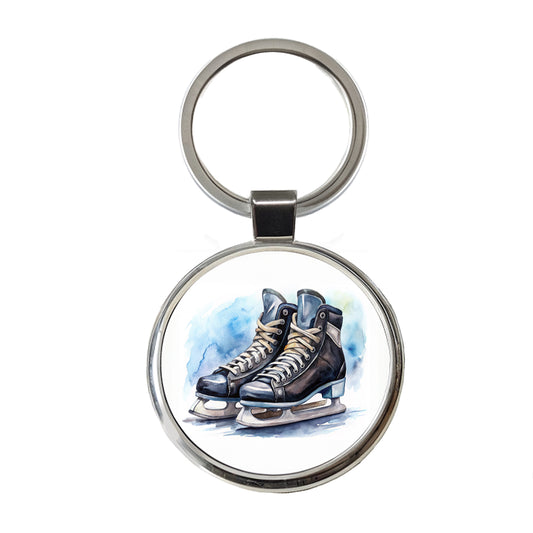 Pair Of Hockey Ice Skates Watercolor Round Metal Keychain