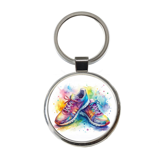 Pair Of Running Shoes Watercolor Round Metal Keychain