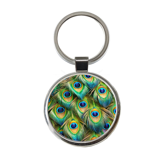 Peacock Feathers Pattern Round Metal Keychain