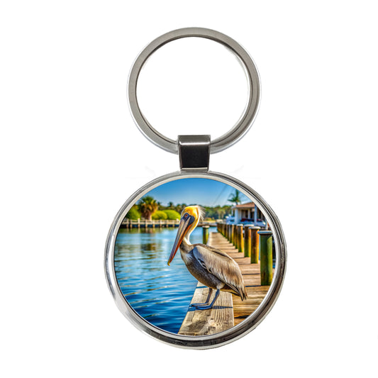 Pelican On Dock Round Metal Keychain