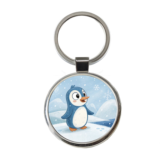 Penguin Children's Illustration Style Round Metal Keychain