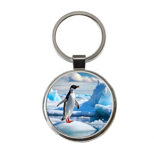 Penguin On Ice Flow Round Metal Keychain
