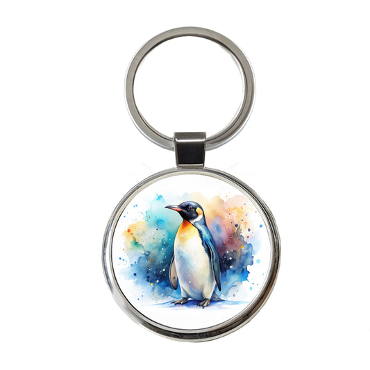 Penguin Watercolor Round Metal Keychain