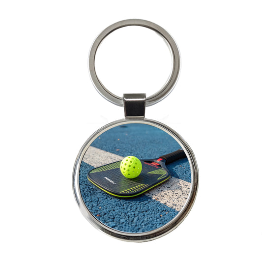 Pickleball Paddle and Ball on Court Round Metal Keychain