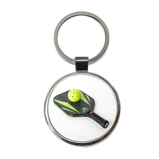 Pickleball Paddle and Ball Round Metal Keychain