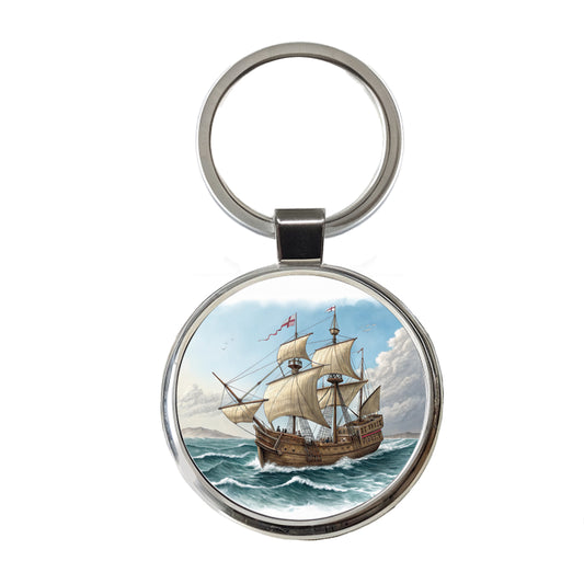 Pilgrim Mayflower 1620 Voyage Round Metal Keychain