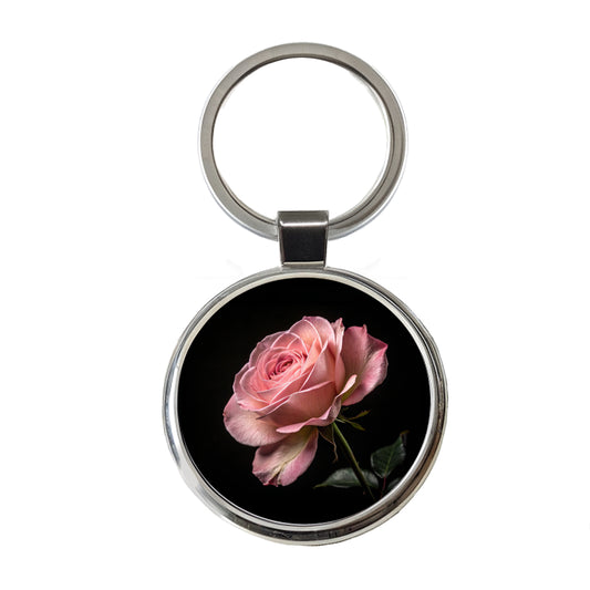 Pink Rose Round Metal Keychain