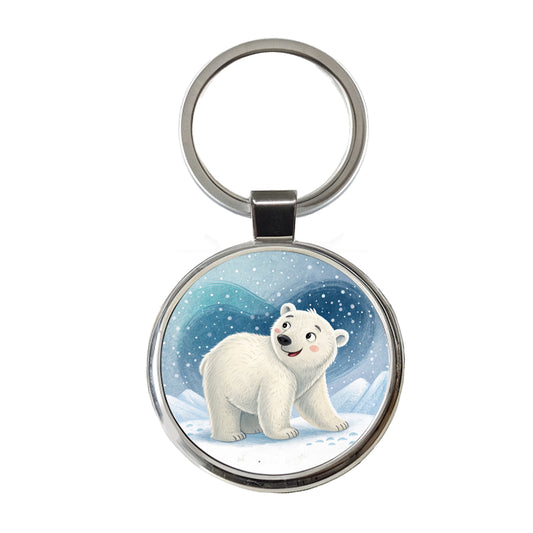 Polar Bear Children's Illustration Style Round Metal Keychain