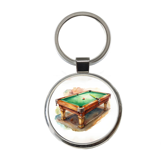 Pool Billiards Table Watercolor Round Metal Keychain