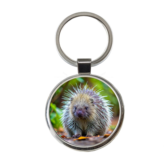 Porcupine Round Metal Keychain