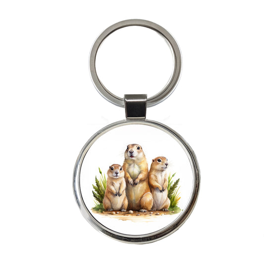 Prairie Dog Family Watercolor Round Metal Keychain