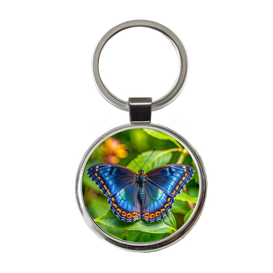 Pretty Blue Butterfly Round Metal Keychain