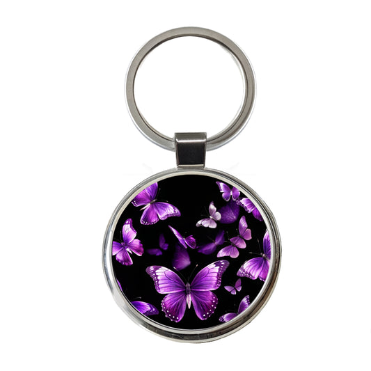 Purple Butterflies Flying Round Metal Keychain