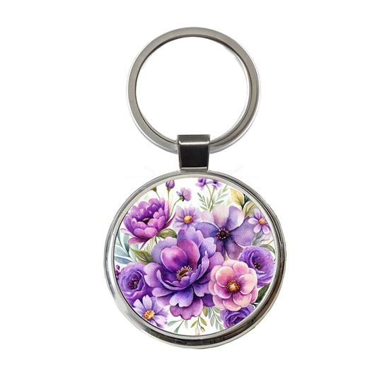 Purple Watercolor Flowers Round Metal Keychain