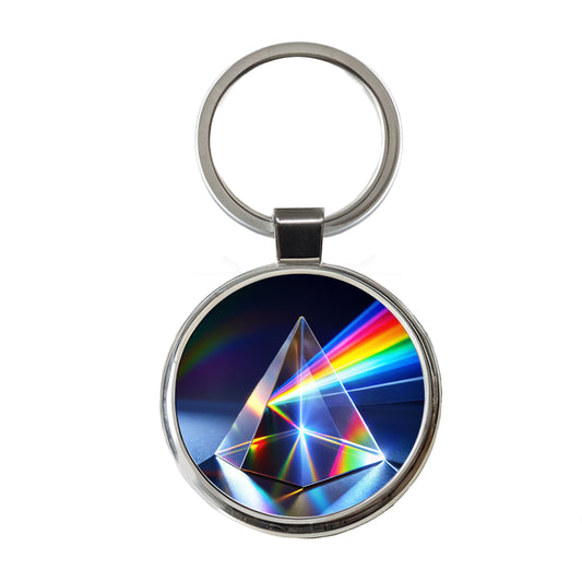Pyramid Prism Refracted Rainbow Round Metal Keychain