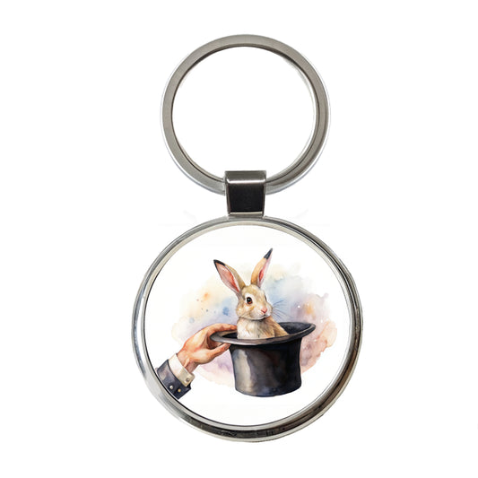 Rabbit Being Pulled Out Of A Magician's Hat Round Metal Keychain