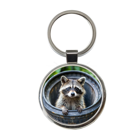 Raccoon In Barrel Trash Panda Round Metal Keychain